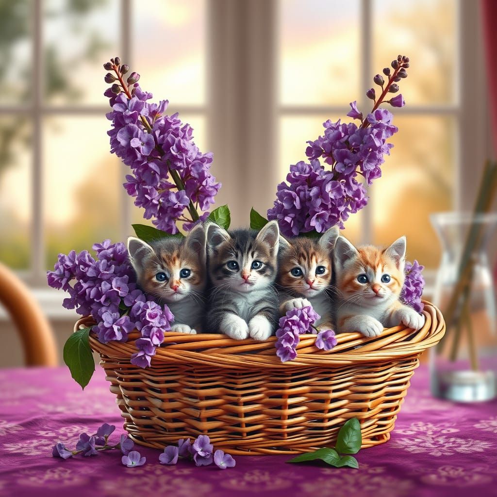 Whimsical Kittens in a Wicker Basket amidst Lilac Blooms and...