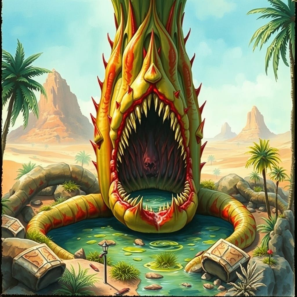 huge carnivorous plant laying ambush in an oasis, the plant'...