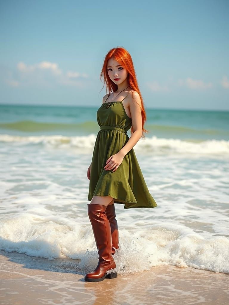 Japanese Woman on Beach in Photorealistic Style