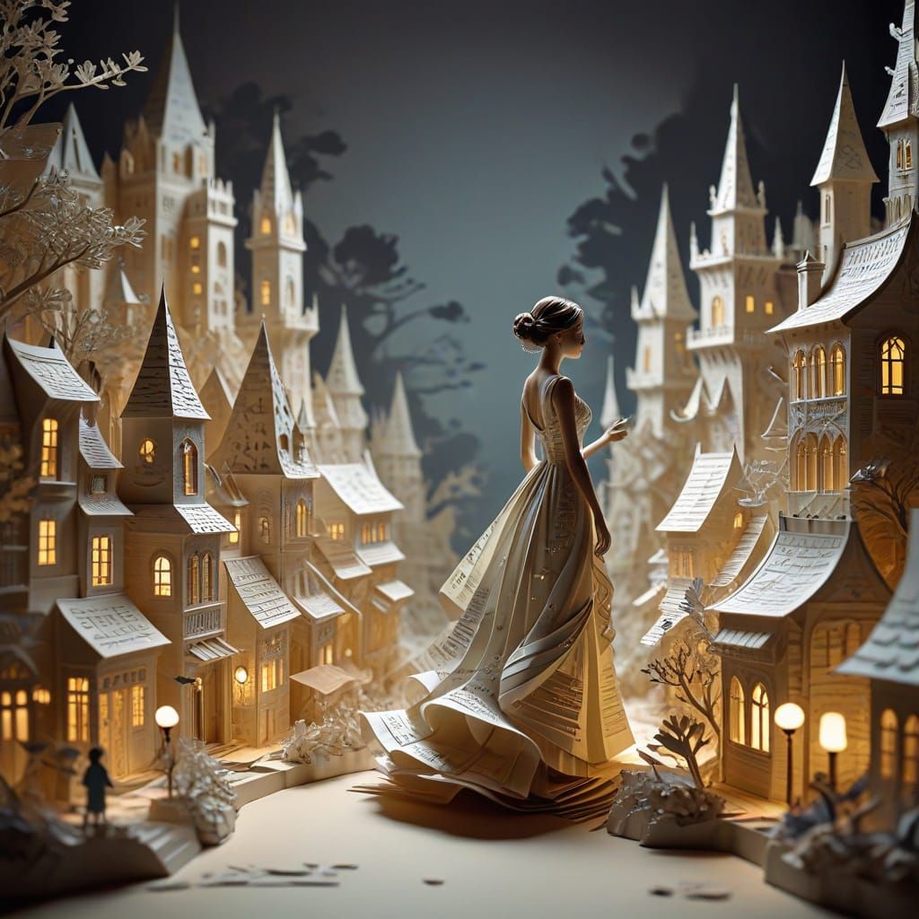 Stunning Woman Explores Intricate Papercraft Wonderland
