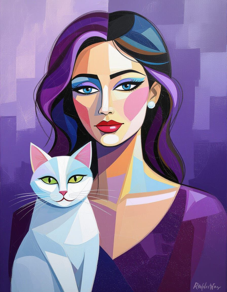Abstract Musical Woman with Cat in Expressionist Style