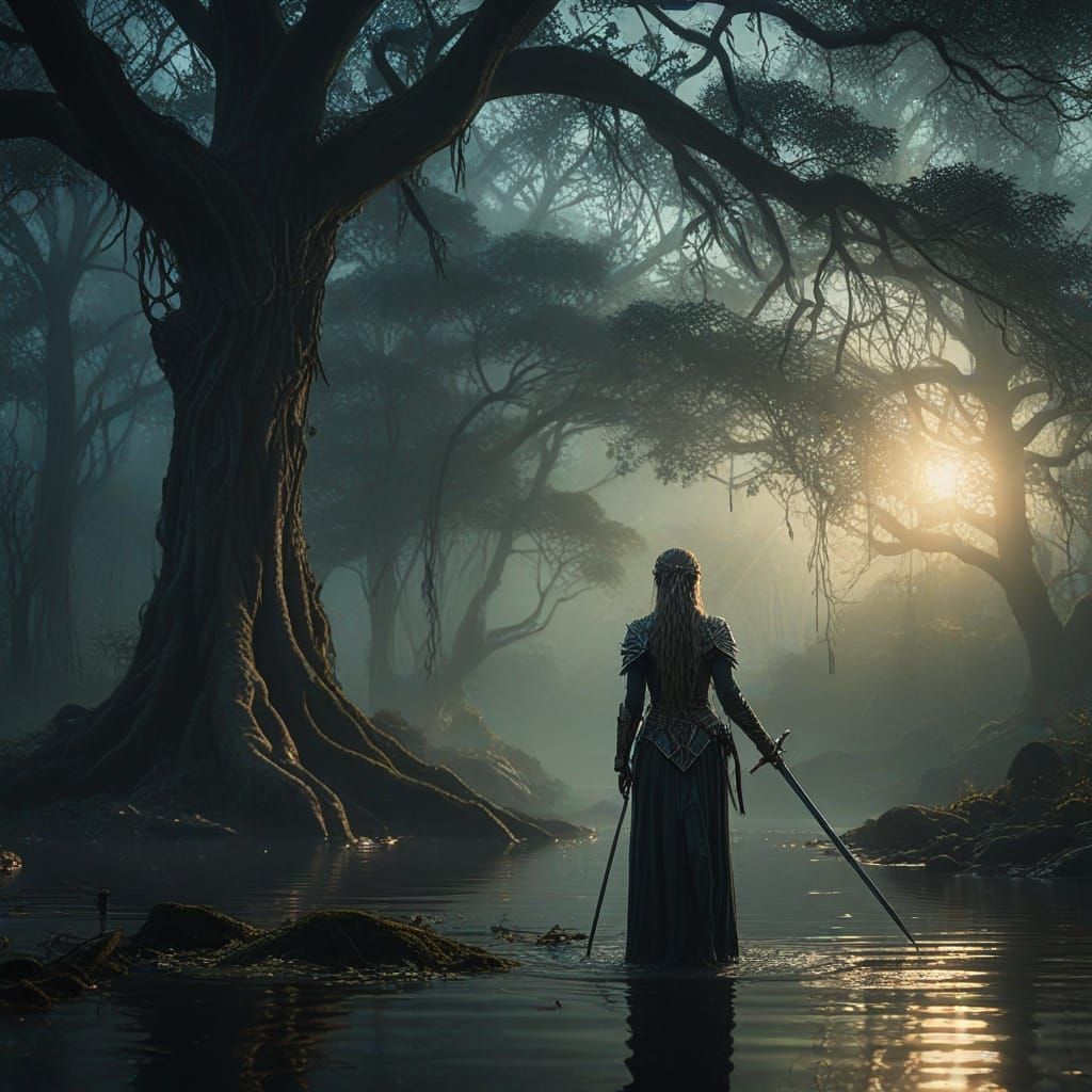 Benevolent Elf Holds Sword Aloft in Mystical Lake Digital Ma...