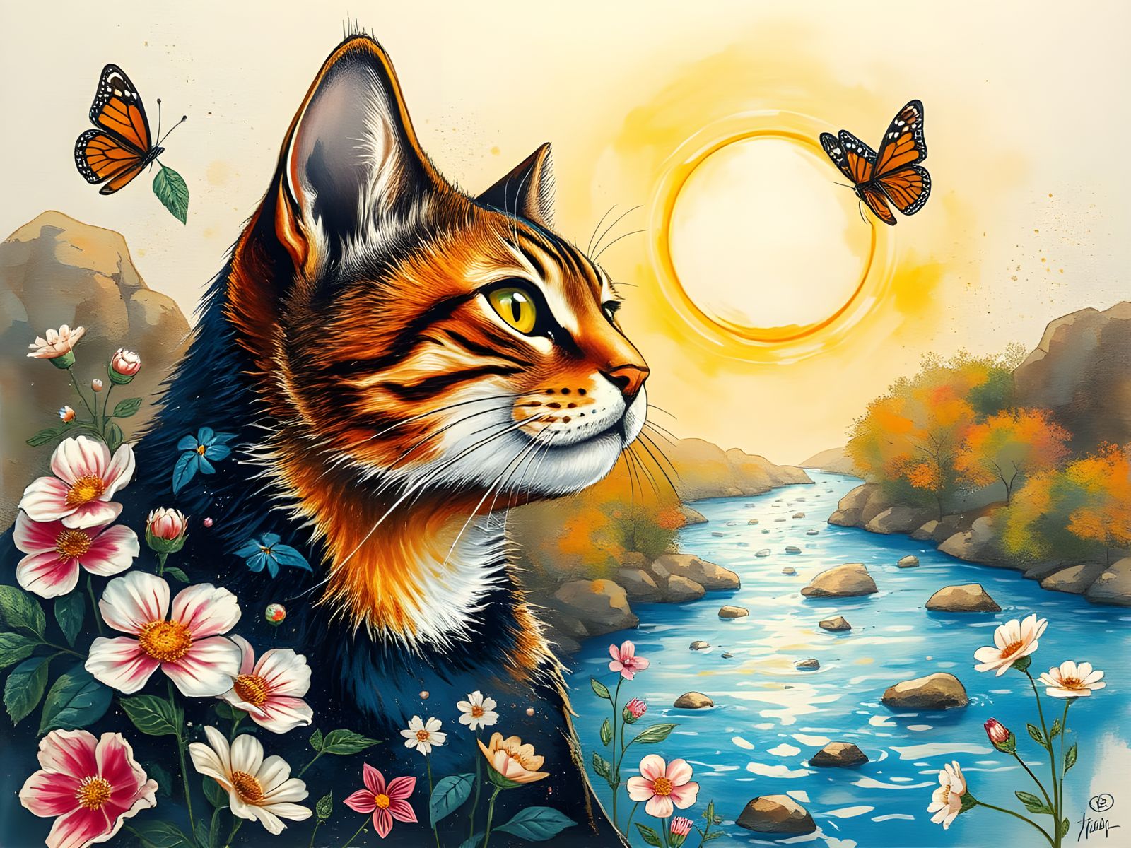 Surreal Calico Cat Enjoys Whimsical Garden Scene in Vibrant ...