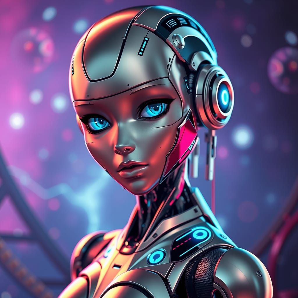 Metallic Robot Girl with Blue Eyes in Matte Painting Style