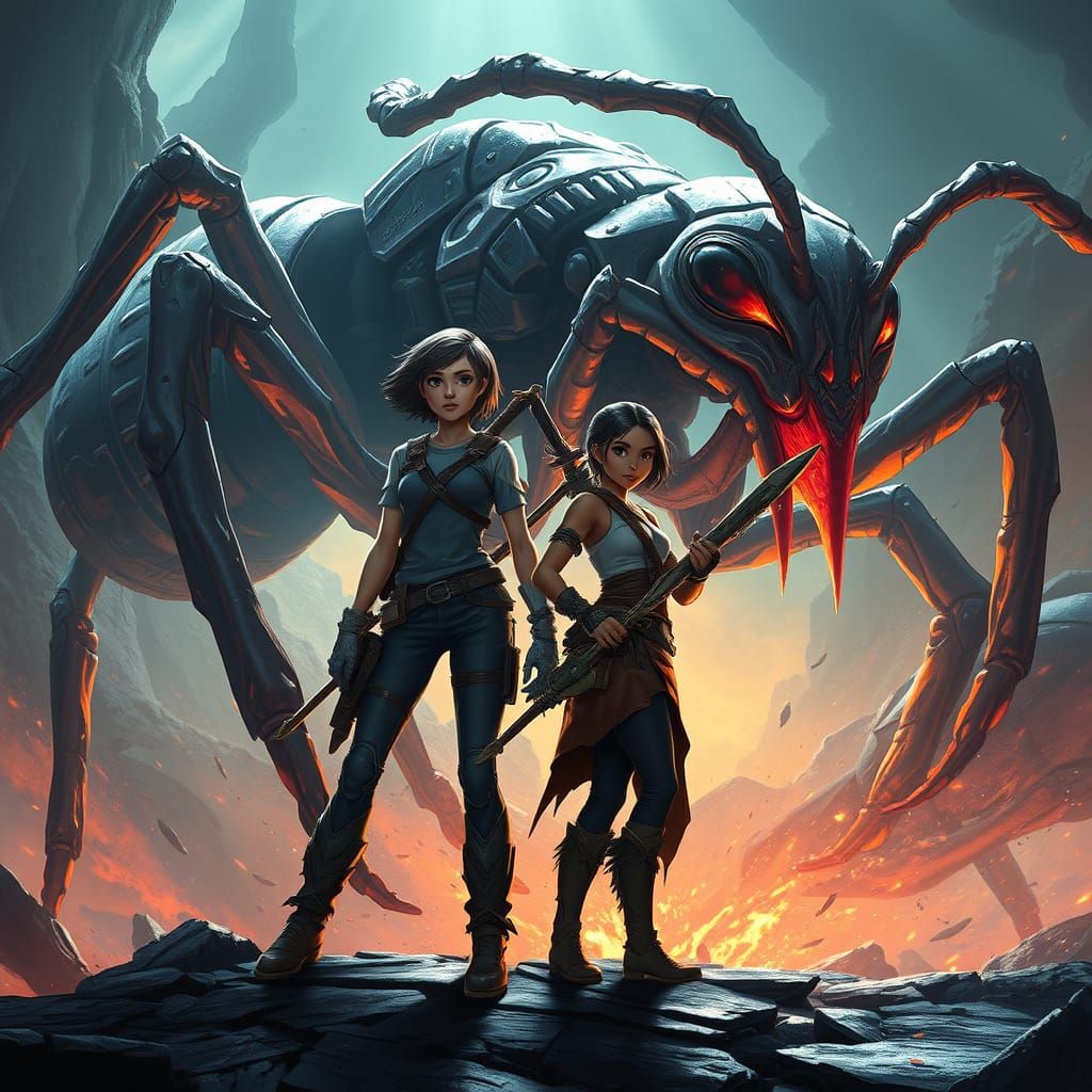 Heroic Duo Battles Gargantuan Ant in Vibrant Fantasy Realm