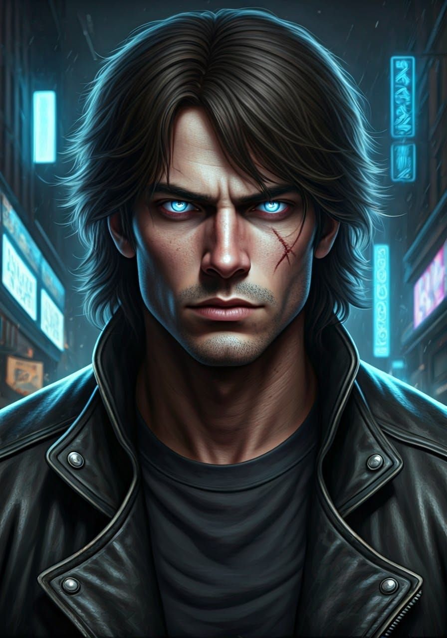 Intense Young Man with Scar and Pale Blue Eyes in Gritty Cit...