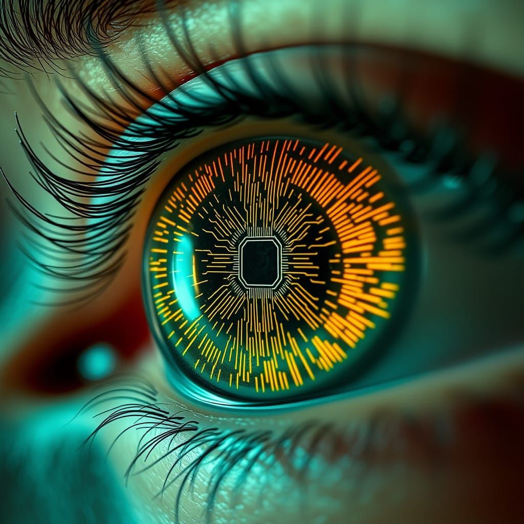 Maze Eye: Hyperrealistic Microchip Iris in Synthwave Colors