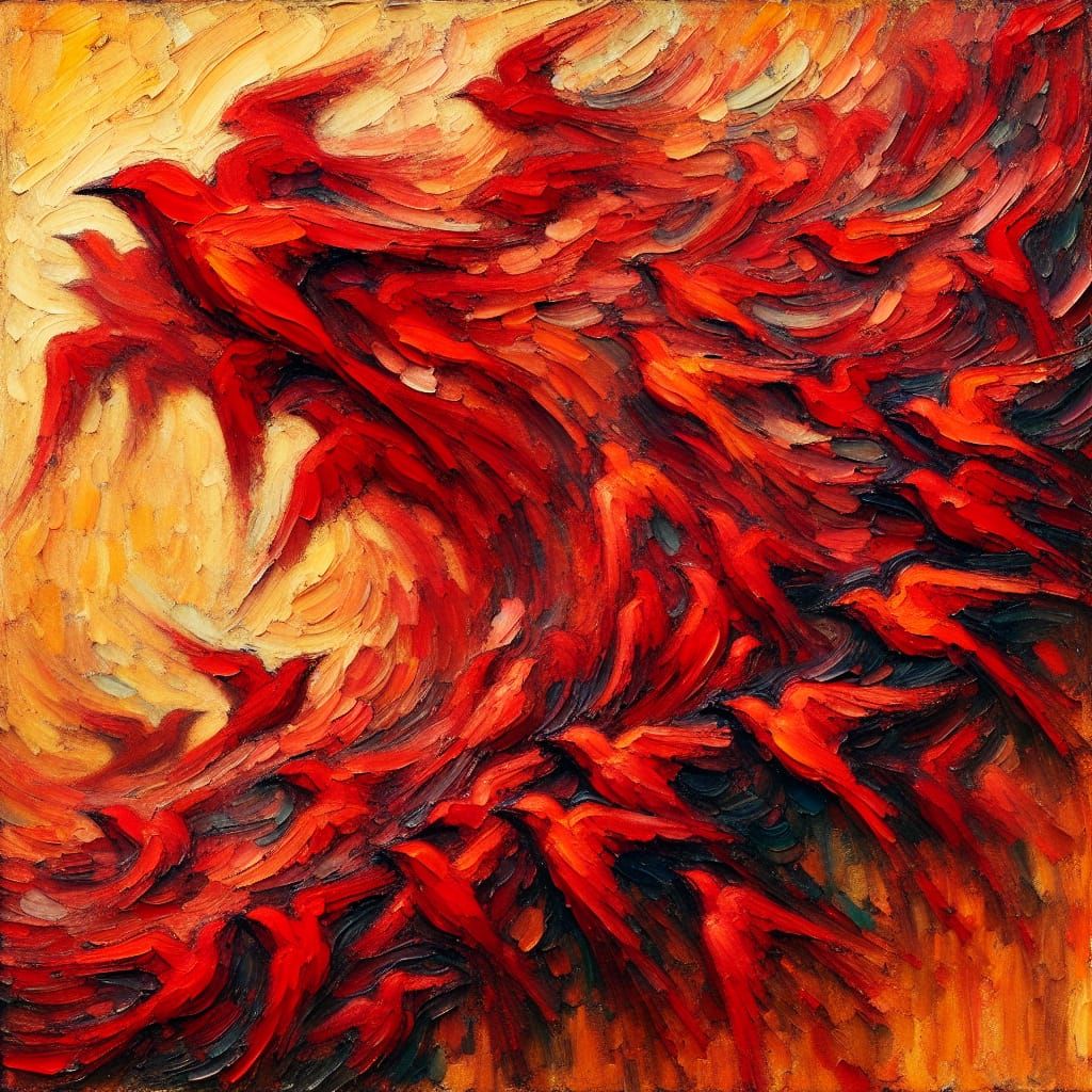 Fire-Red Murmuration as Encaustic Impasto Painting