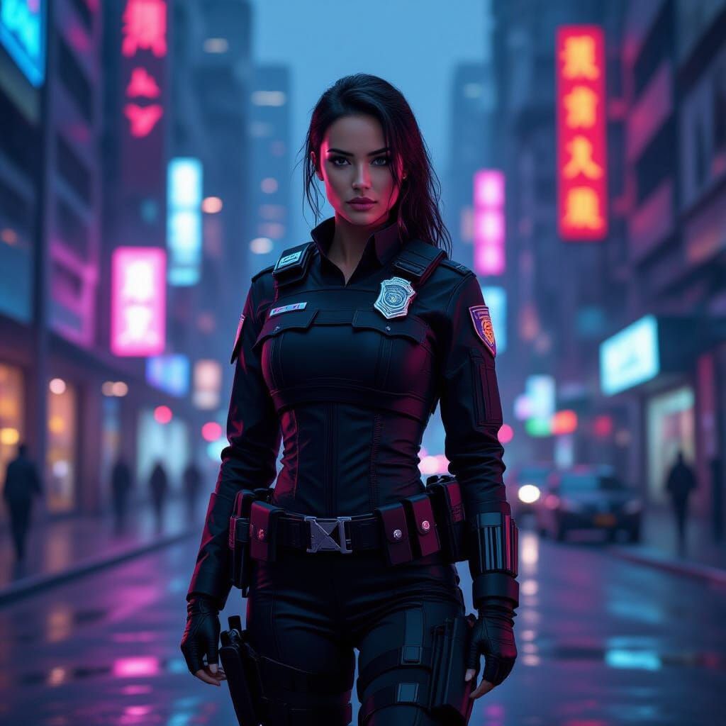 Cyberpunk Police Officer in Neon Cityscape