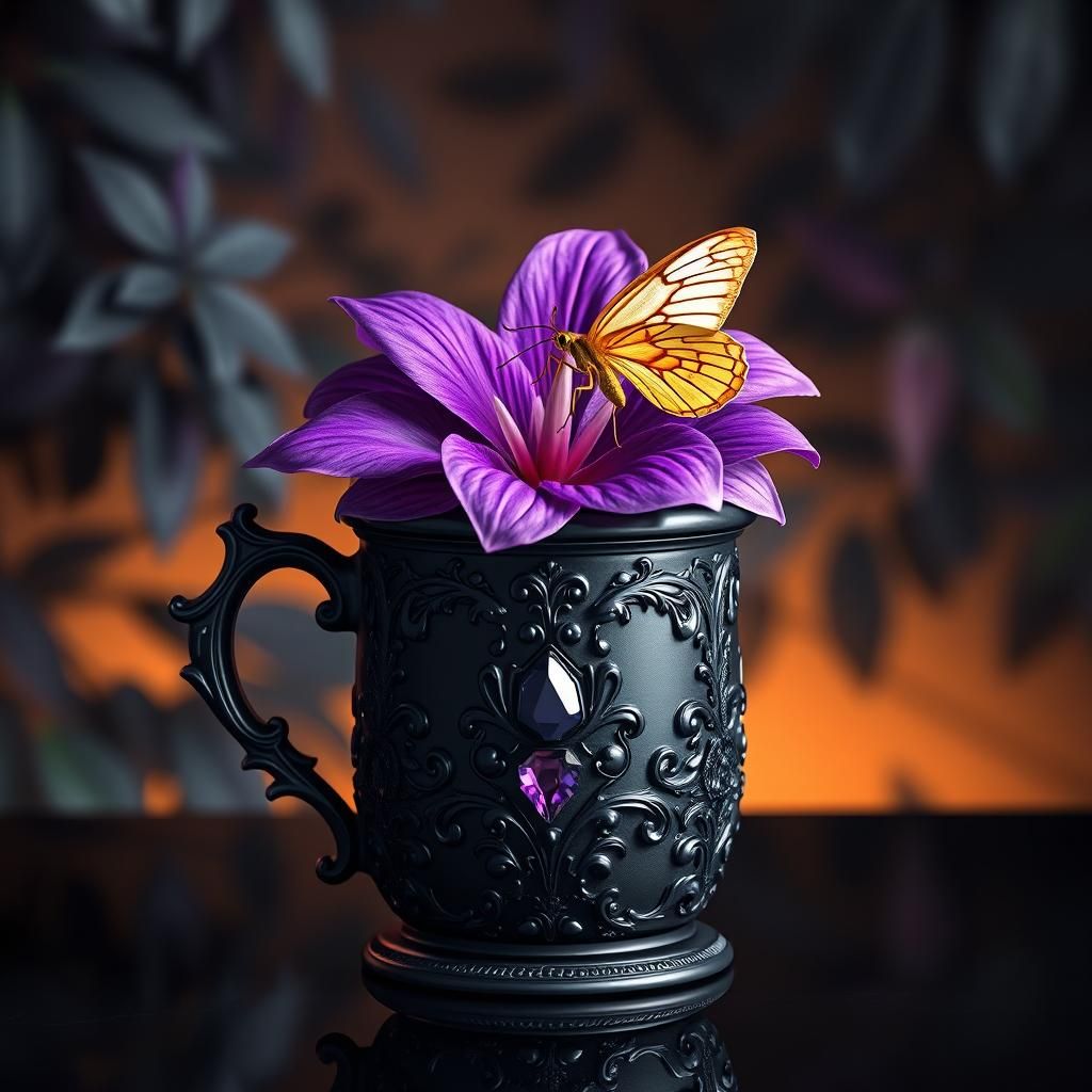 Jeweled Mug with Butterfly and Exotic Flower