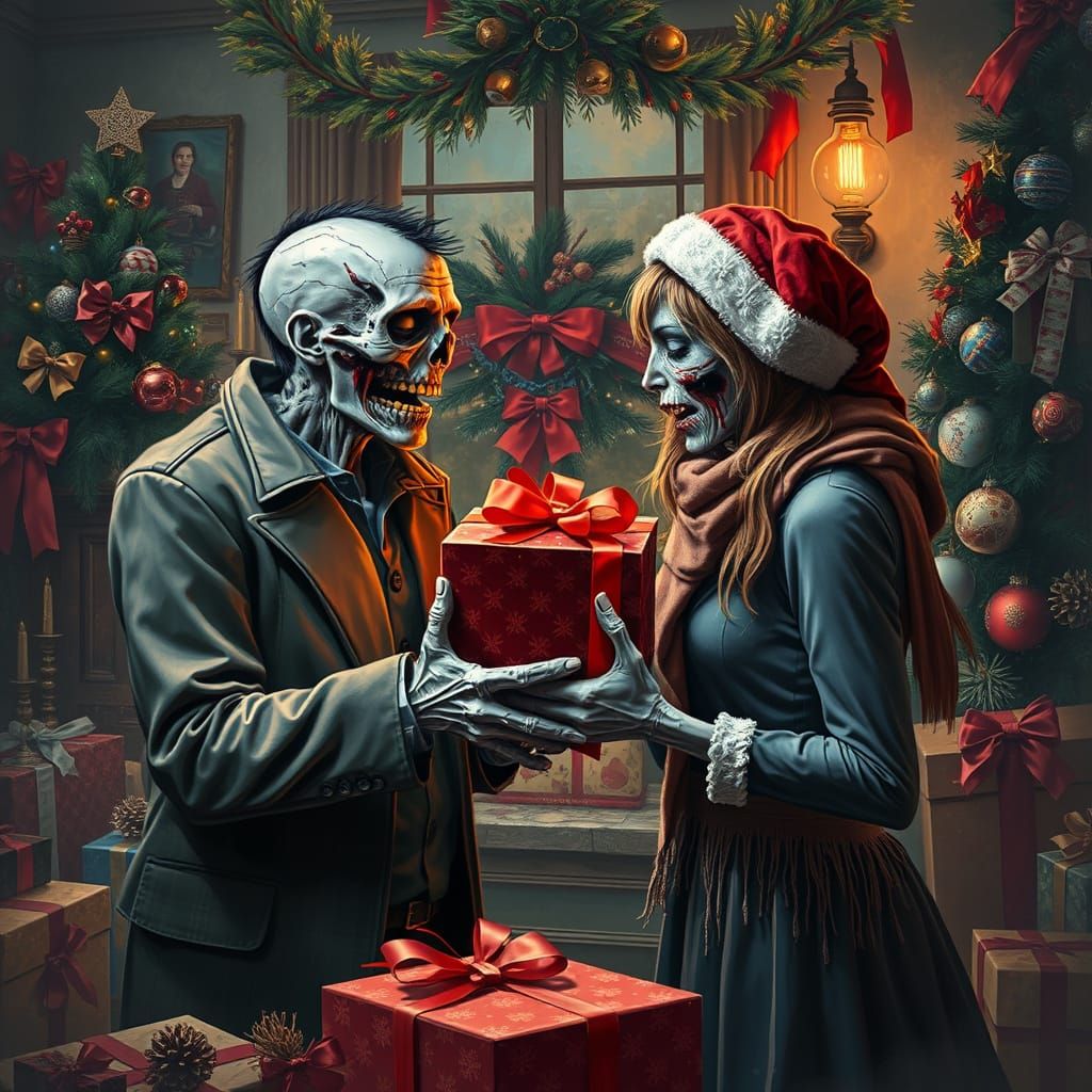 Zombie Couple Exchanging Gifts Amidst Christmas Decor