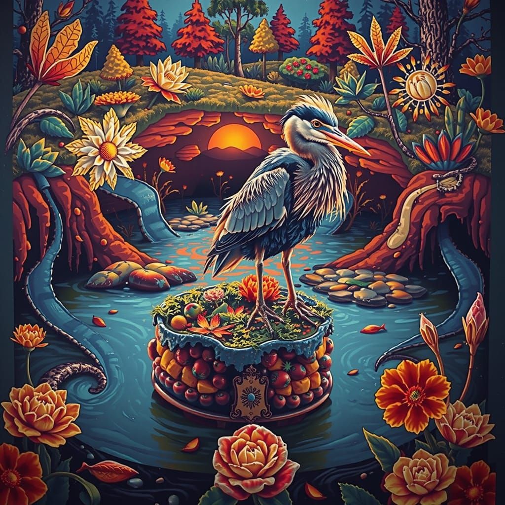 Radiant Sunset Over River Delta With Heron