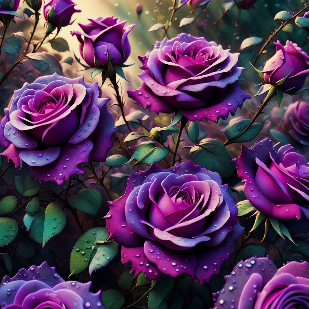 Glowing Purple Roses in Overgrown Garden