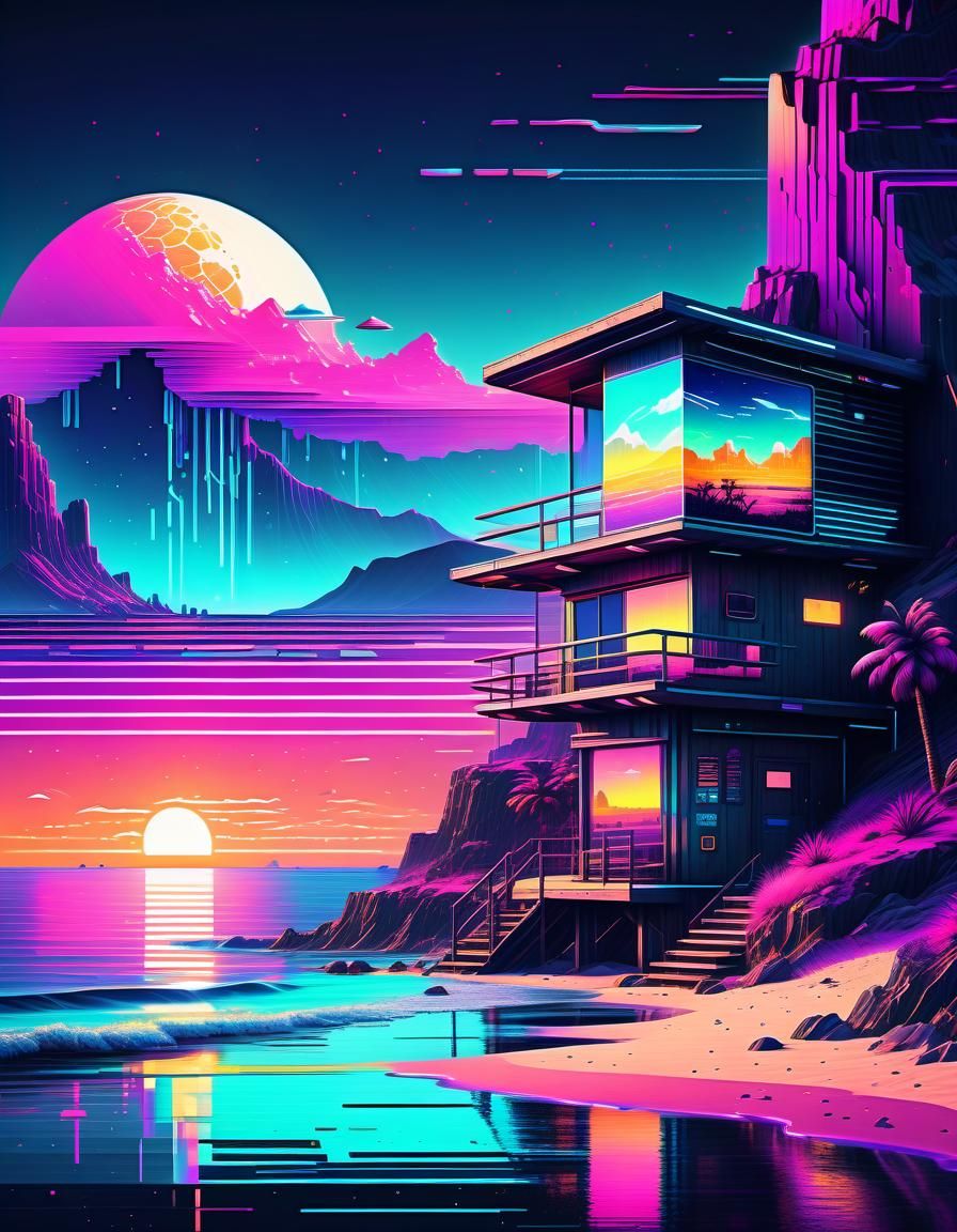 Glitchcore City Beachscape: Futuristic Rustic Design