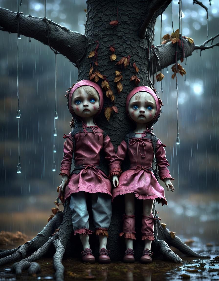Cursed Dolls Tied to Tree in Rain