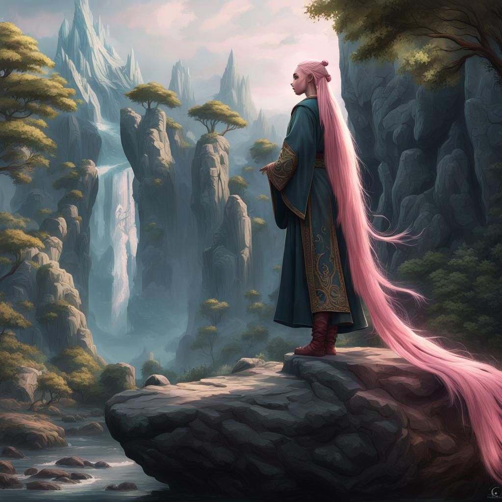Elf Girl with Pink Hair on Rock, Fantasy Art
