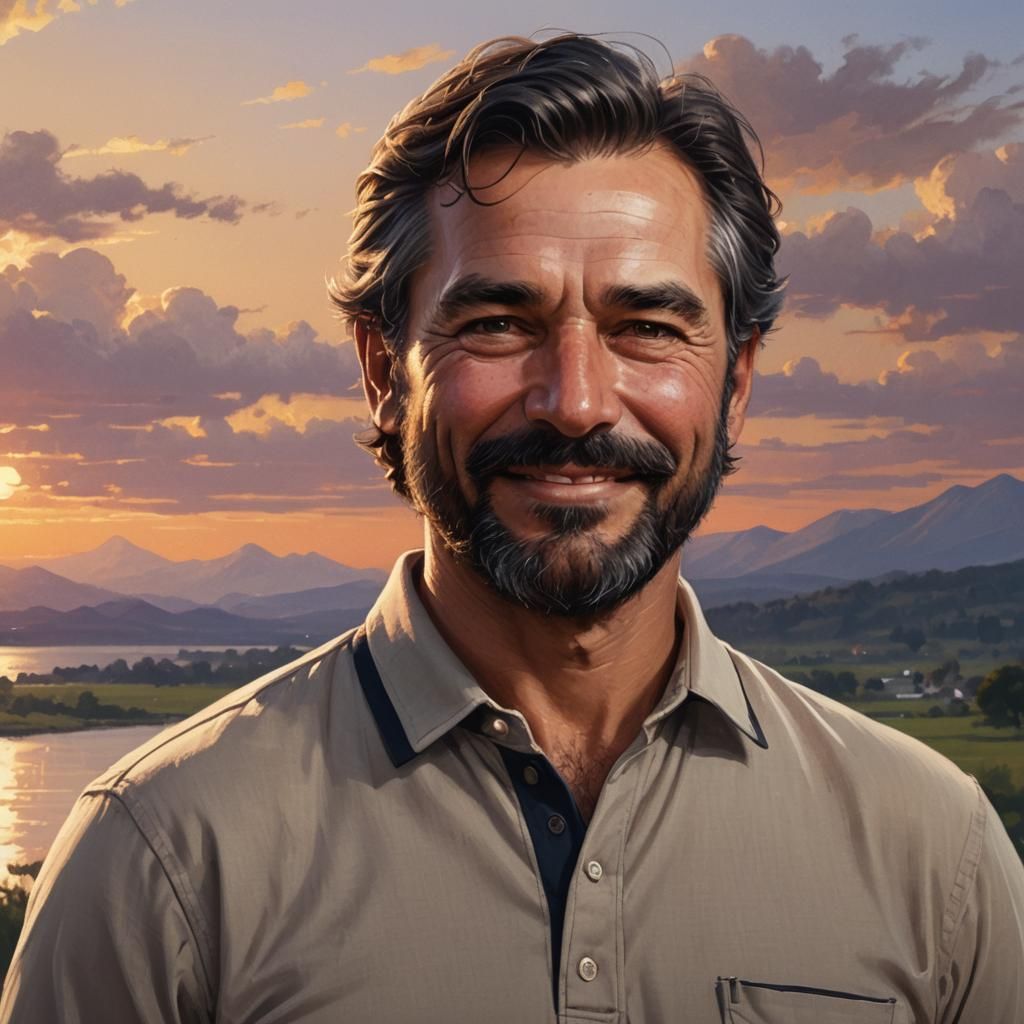Portrait of Smiling Man in Sunset, Digital Art