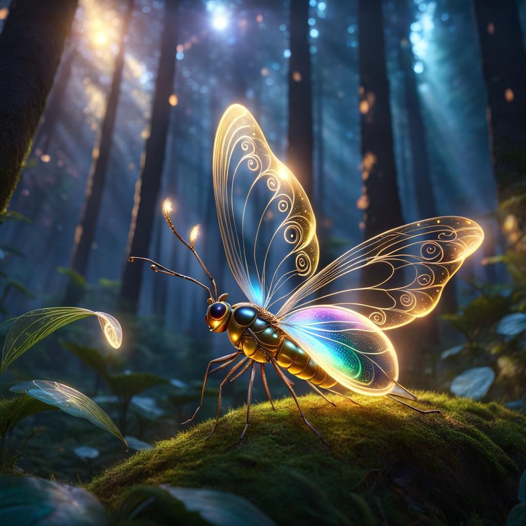 Gigantic Firefly in Enchanted Forest, Detailed Matte Paintin...