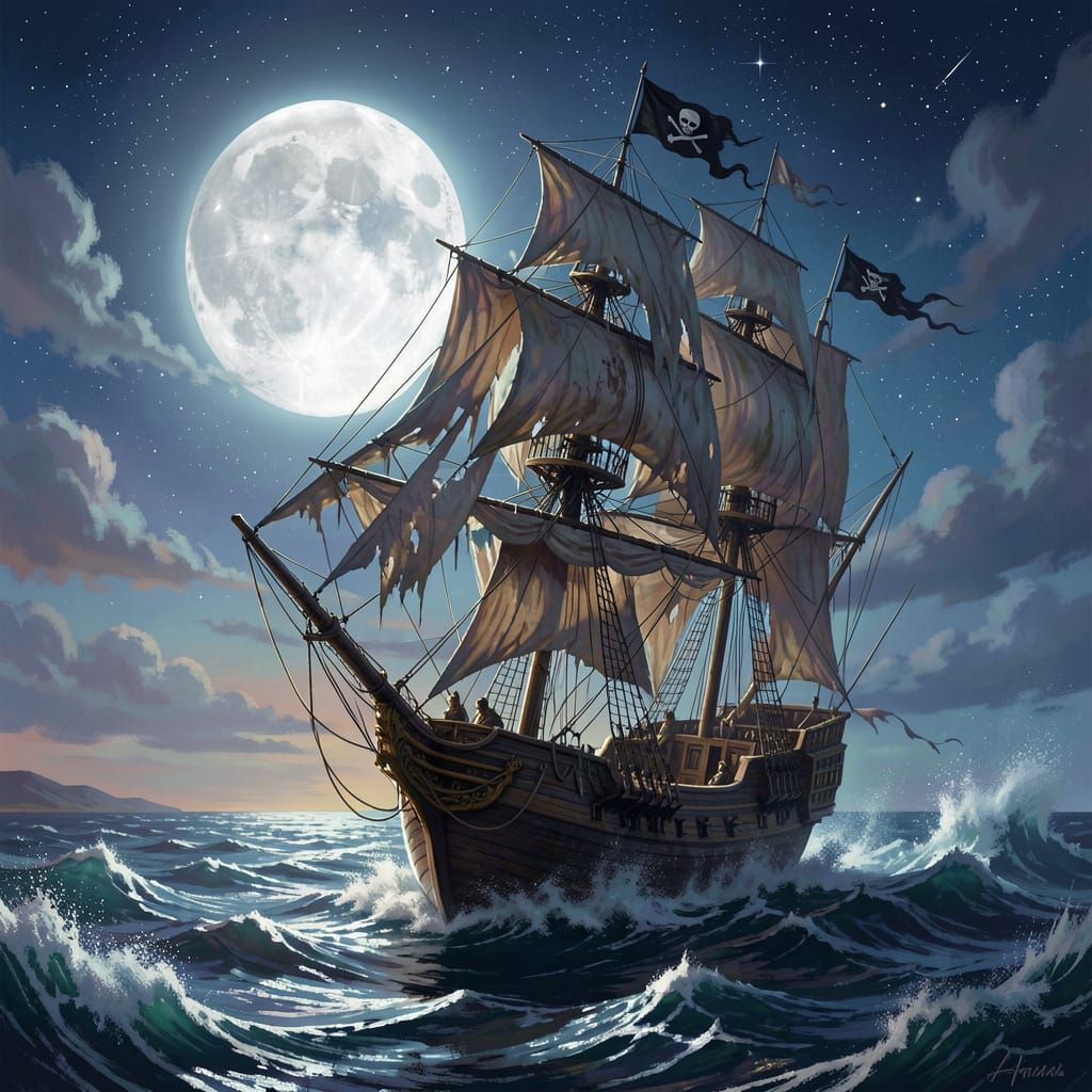 Epic Pirate Ship Soaring Under Full Moon in Fantasy Art Styl...