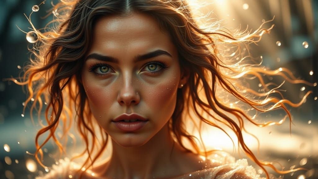 Elegant Woman in Turbulent Rain, Cinematic Portrait