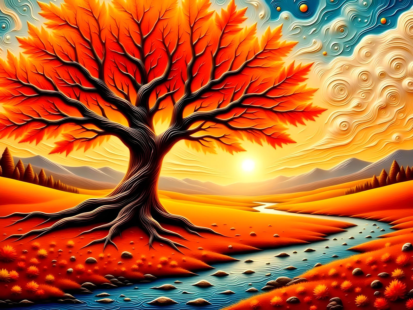Ancient Maple Tree of Life in Vibrant Autumn Landscape