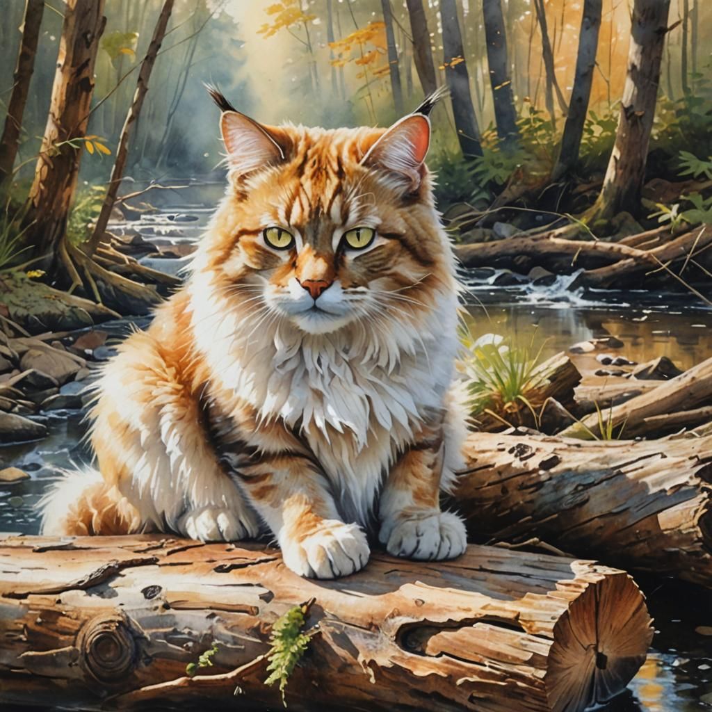 White Tomcat in Forest: Watercolor Wildlife Art