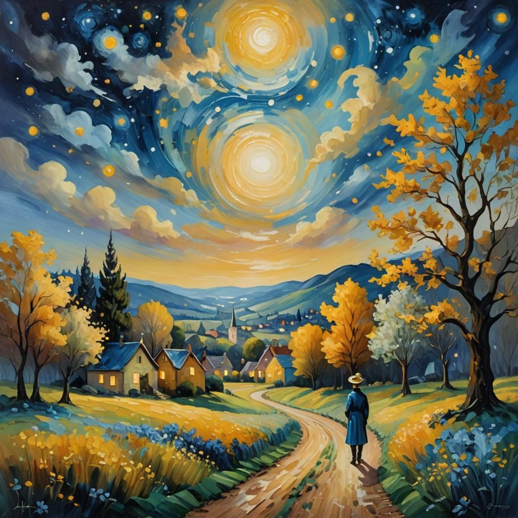 Impressionist Village Under a Starry Night Sky