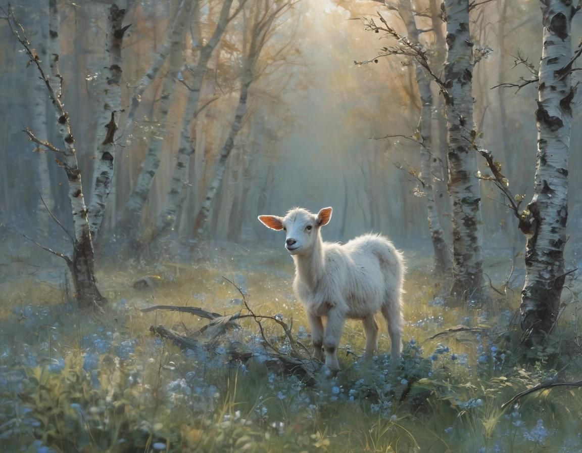 a painting of baby goat in a birch meadow