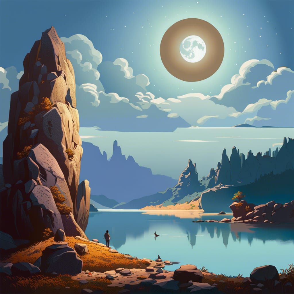 Dreamy Lake at Night with Large Moon