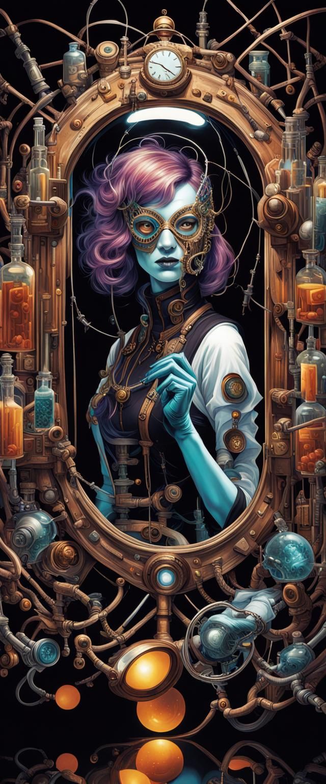 A woman wearing a steampunk mask , holding a bottle of pills...