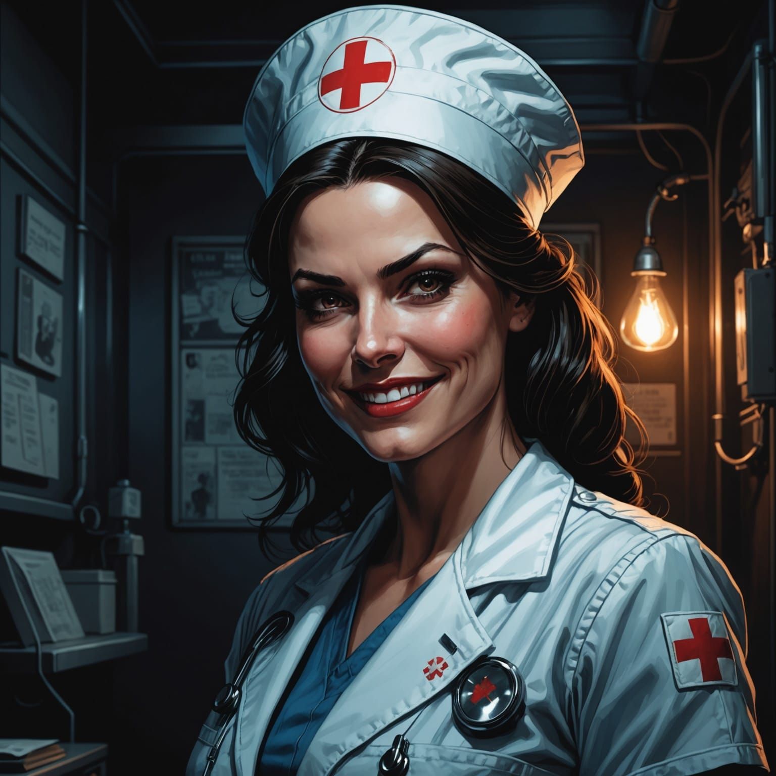Sinister Nurse with Ominous Smile, Comic Book Art