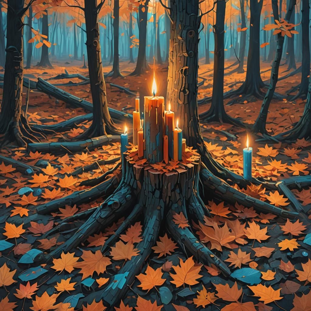 Candles in Autumn Woods: Paper Collage Art