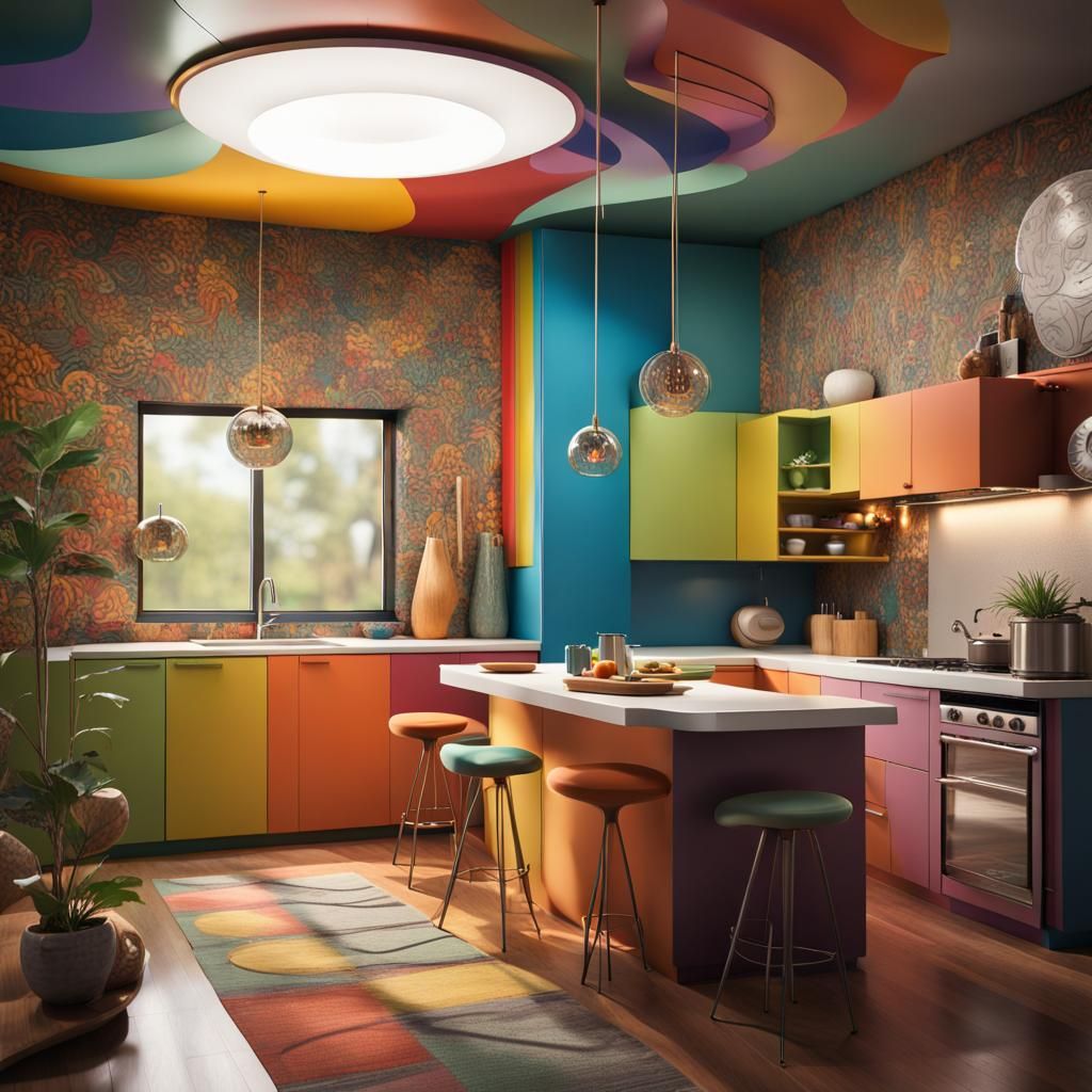AI Integrated Maximalist Mid-Century Kitchen Interior