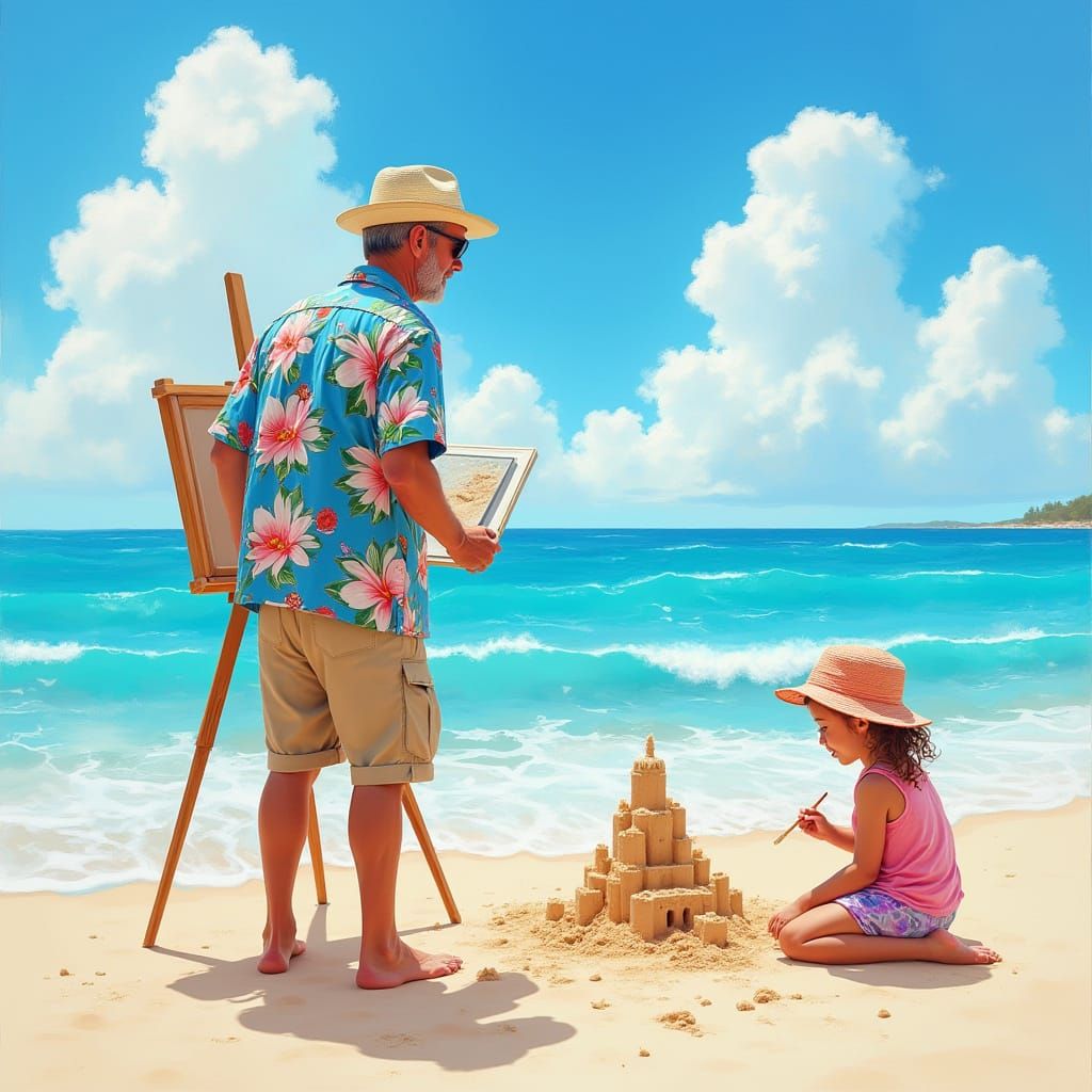 Father and Daughter: A Beach Scene in Impressionist Style