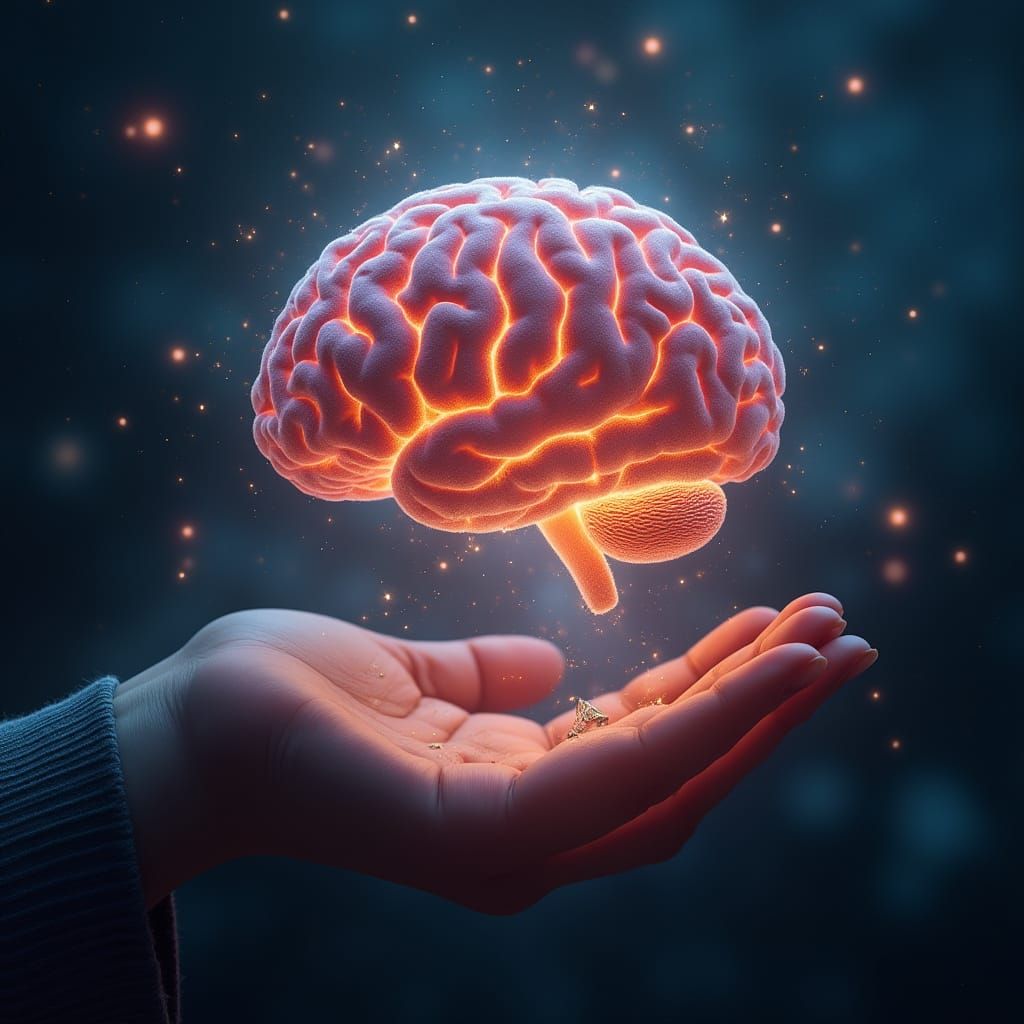 Glowing Brain Above Hand in Dreamlike Digital Art