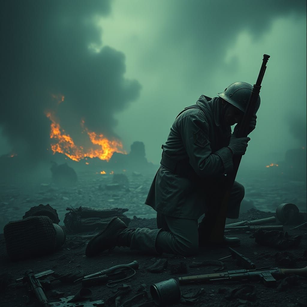 Despairing Soldier in War-Torn Landscape