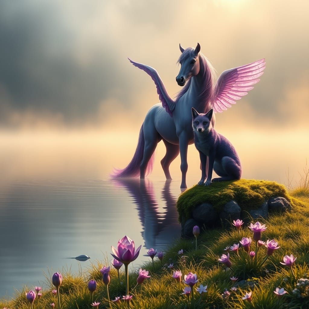 Purple Pegasus and Fox in Mystical Lake