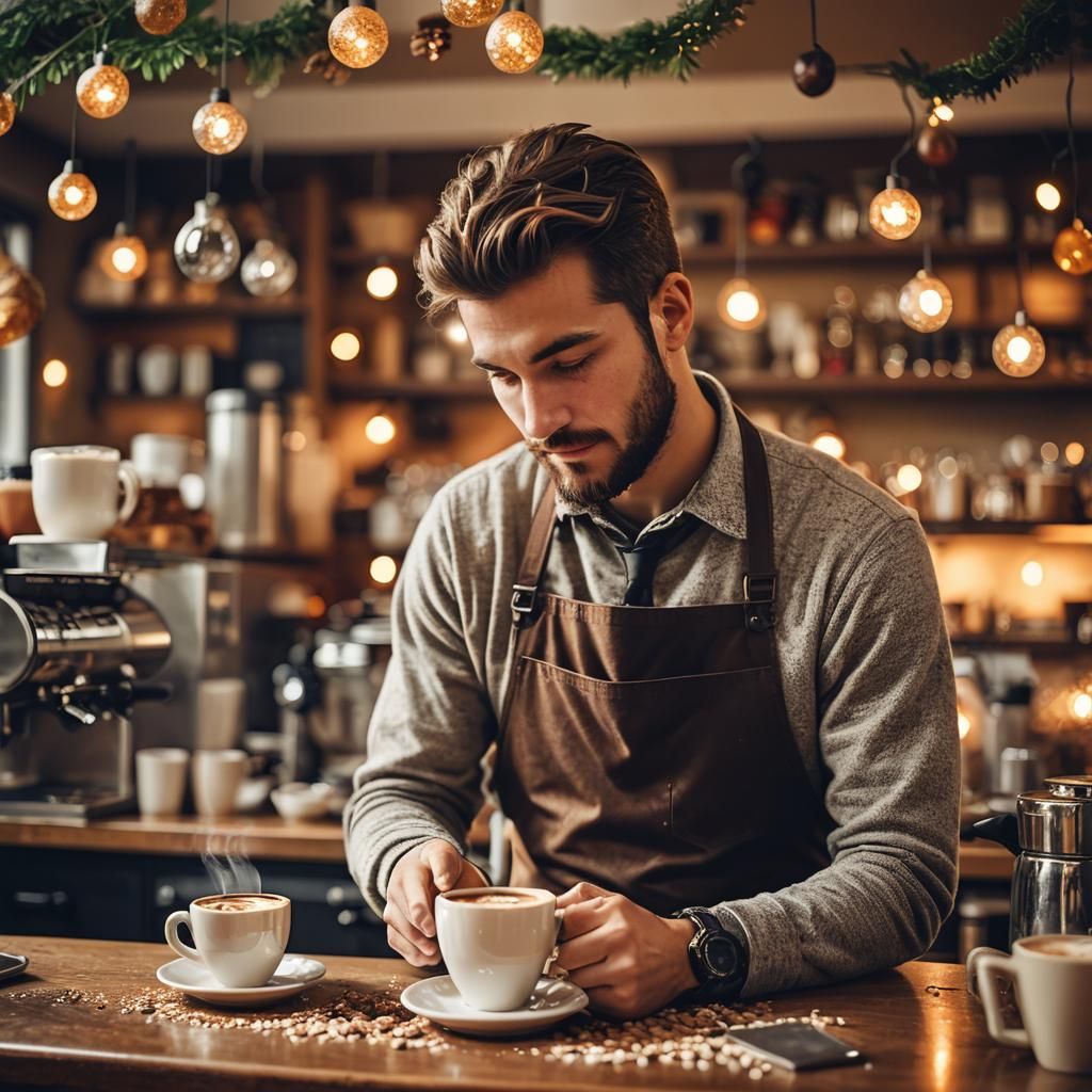 Cozy Cafe: Barista Crafting Coffee in Warm Light
