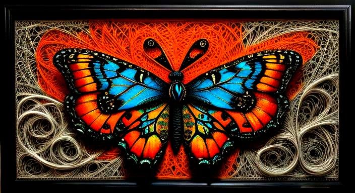 Surreal Orange Butterflies Portrait in String Art