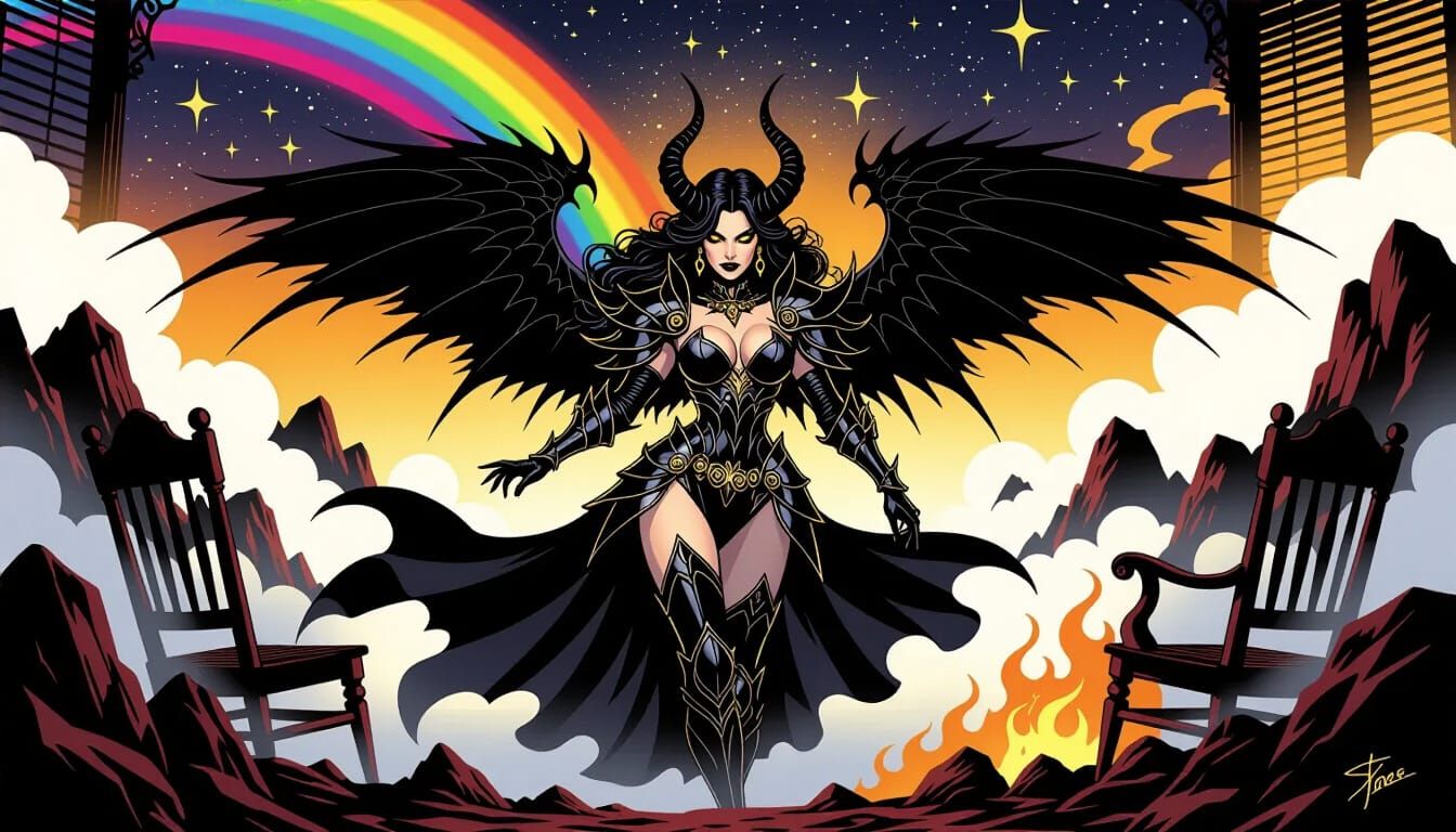 Fallen Angel Warrior Sophia Loren in Infernal Landscape Comi...