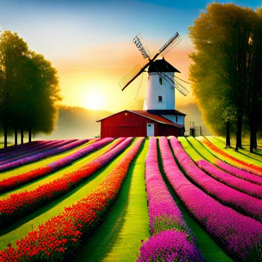 Rows of Tulips and Windmill in Roses