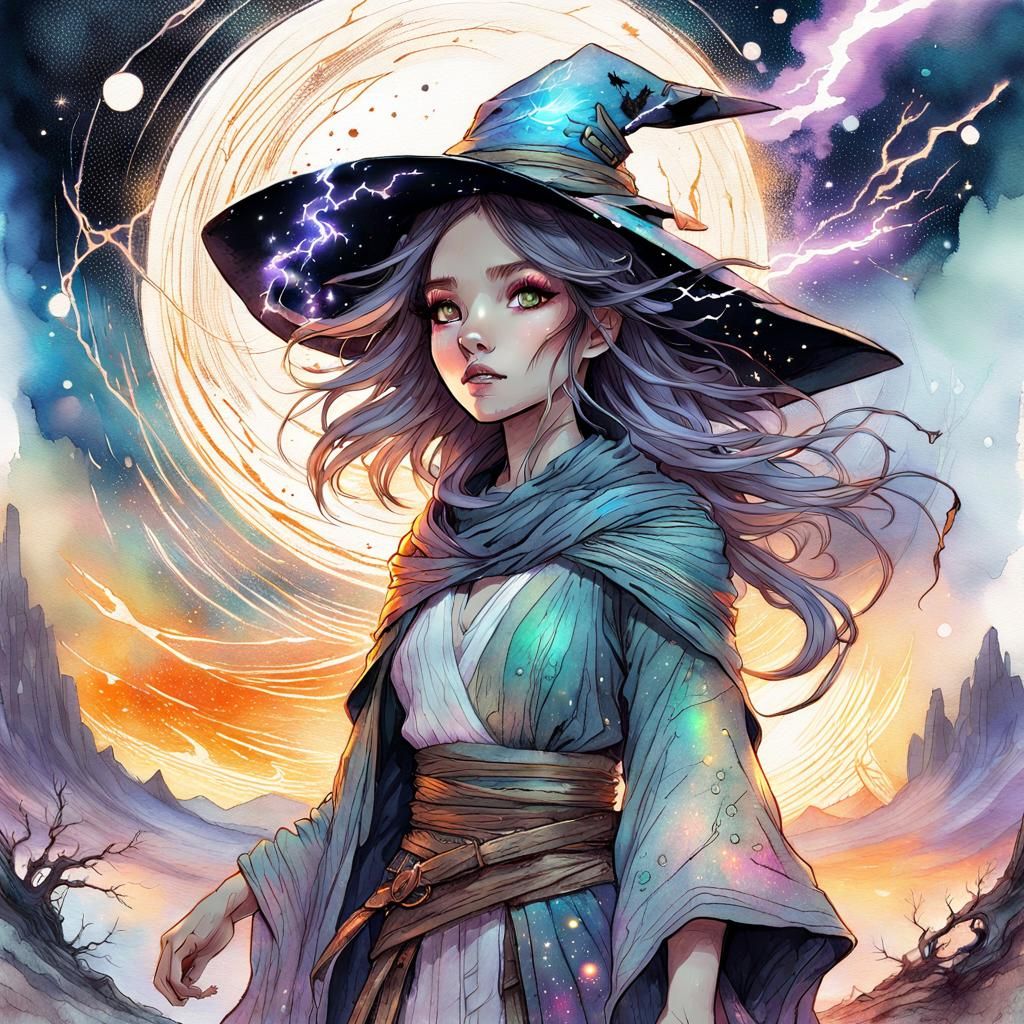 Chibi Witch Crafts Spell in Pastel Galaxy