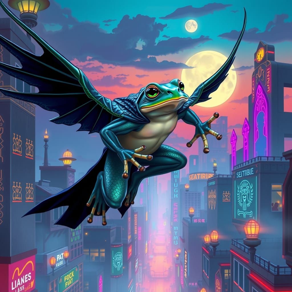 Mystical Flying Frog Assassin in Cyberpunk Metropolis