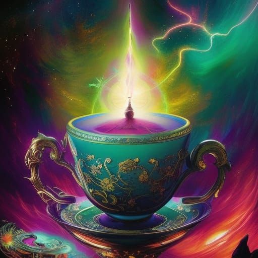 Ethereal Cosmic Teacup in Cyberpunk Digital Art