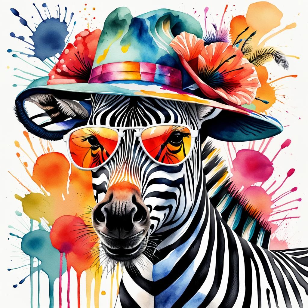 Playful Zebra Portrait in Watercolor Style