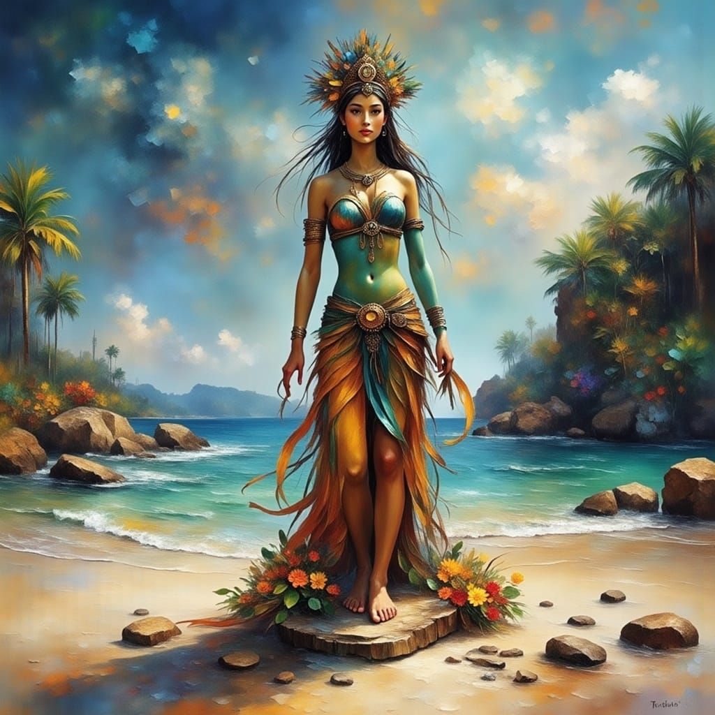 Goddess Statue on Tropical Beach with Rough Diamond Style