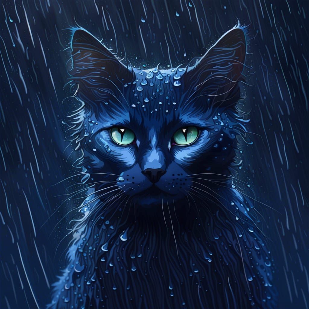 Dark Blue Cat in Rain, Digital Rendering