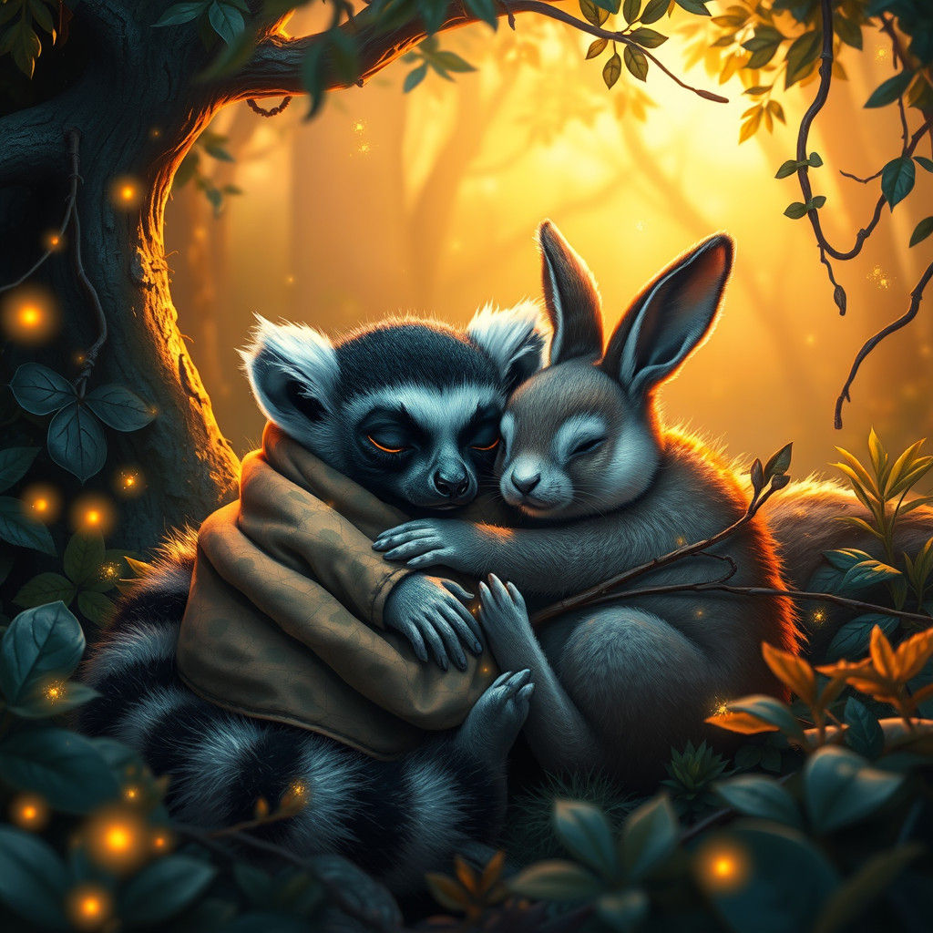 Lemur and Bunny in Mystical Forest Glade