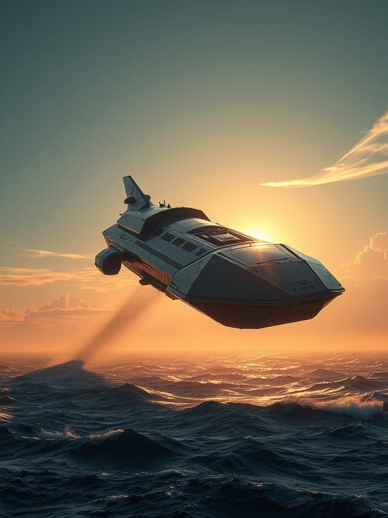 Colossal Spaceship Soars Over Turbulent Ocean in Hyperrealis...