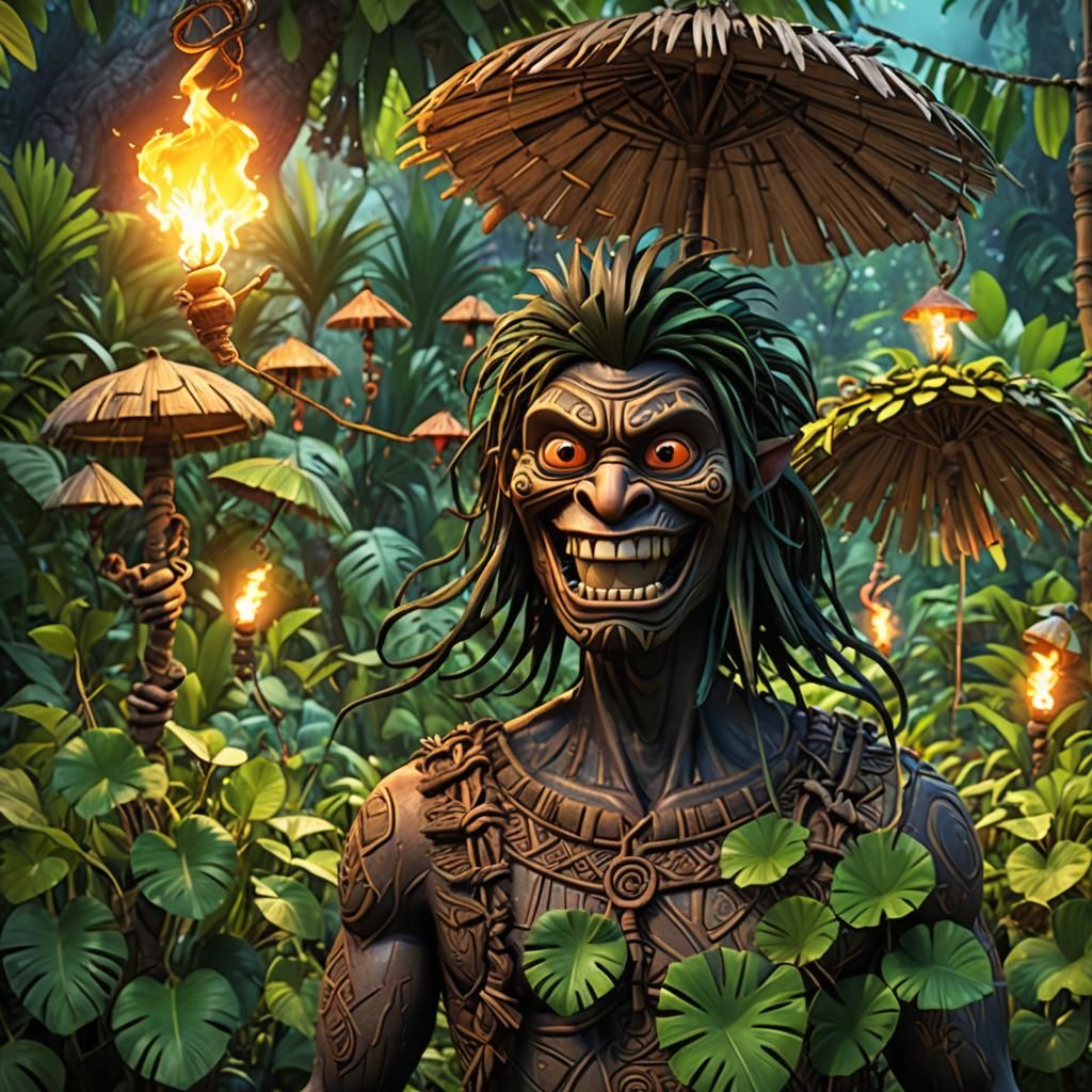 Menacing Monkey Tiki Monster in Jungle, 3D Digital Art